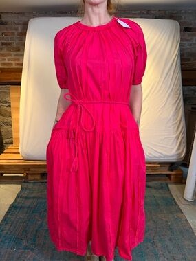 Ulla Johnson Hot Pink Gathered Midi Dress with Rope Tassel Belt